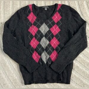Vintage 100% Cashmere Pink and Grey Argyle Sweater - S